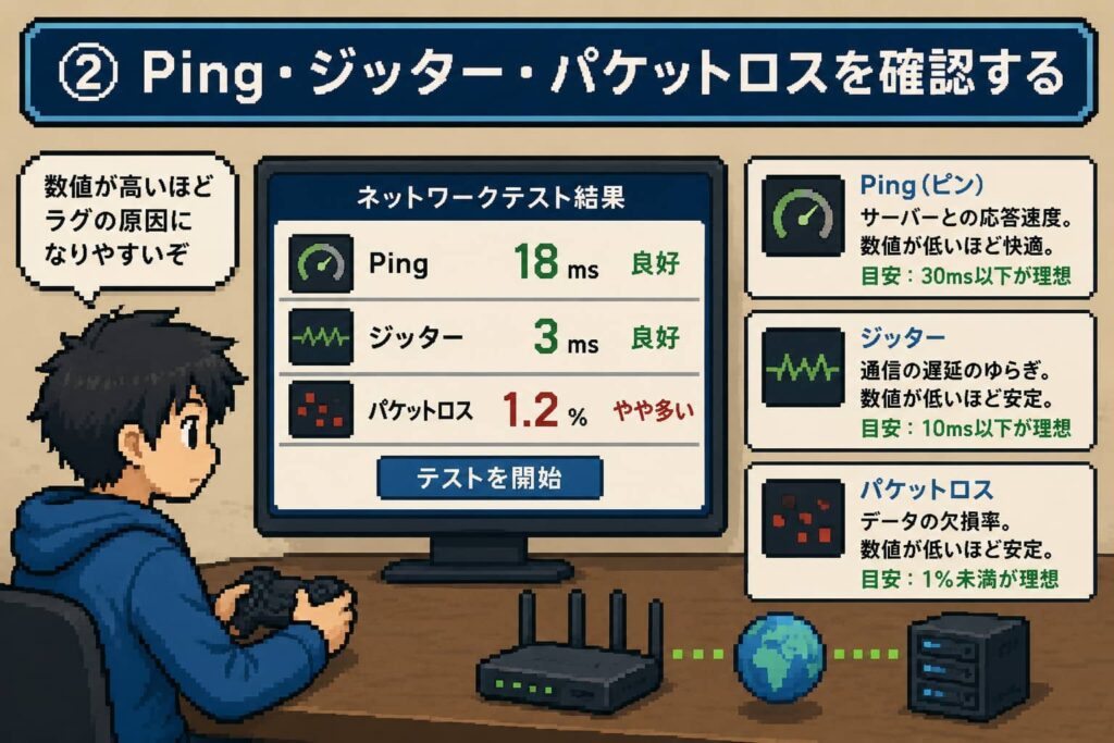 ② Ping・ジッター・パケットロスを確認する