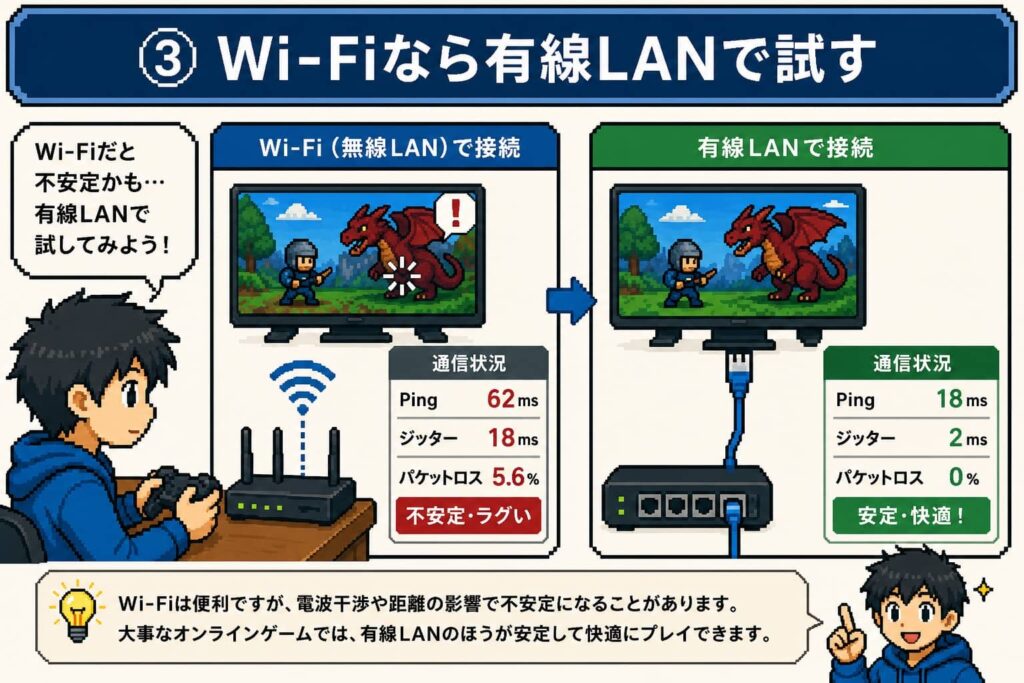 ③ Wi-Fiなら有線LANで試す