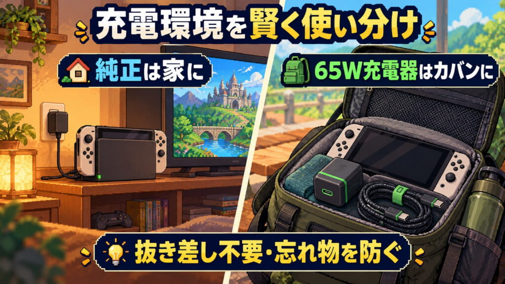 純正は家に、UGREENはカバンに。Switch 2の充電環境を賢く分けよう